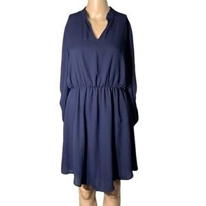Poema Womens Blouson Dress Long Drape Sleeve Silky Pullover Navy Blue Large